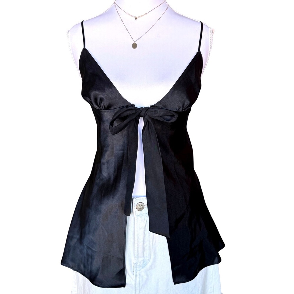 Y2K Victoria's Secret Black Satin Tie Front Babydoll Cami Top Vintage 2008 XS